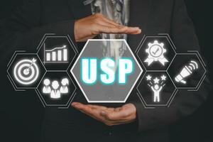 usp, único de venta proposición concepto, negocio mujer mano participación único de venta proposición icono en virtual pantalla. foto