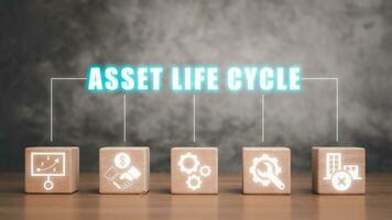 Asset life cycle concept, Wooden block on desk with asse life cycle icon on virtual screen. photo