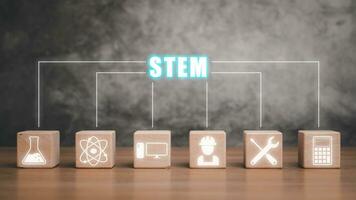 STEM concept, Wooden block on desk with stem icon on virtual screen photo