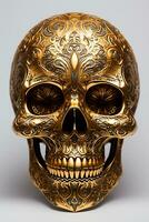 Human skull with gold color carving motif photo