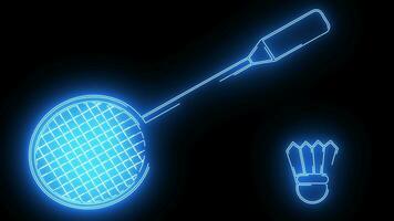 badminton racket en shuttle logo animatie met gloeiend neon lijnen video