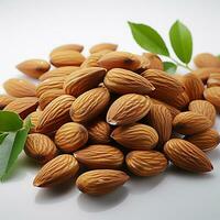 Sweet brown almonds on a white background photo