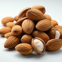 Sweet brown almonds on a white background photo