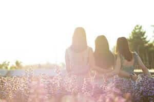 mujer y su amigos fueron bendito en flor jardín y acecho ver de el hermosa floreciente flor en noche. mujer teniendo bendito con grupo de amigos, concepto de amistad, amor y amabilidad. foto