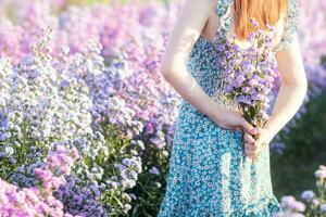 back of a beautiful tourist admiring the flower garden in Chiang Mai blessed because the flower garden looks beautiful. woman is blessed a walk in the beautiful flower garden and the bright nature. photo