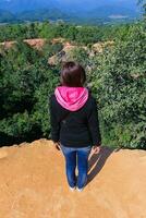 Back scene of woman alone with feeling lonely and depressed on blurred background of beautiful nature scenery . concept of woman who had to be alone in past was depressed when she encountered problems photo