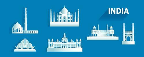 Travel landmarks India with isolated silhouette architecture on blue background. vector