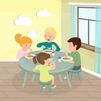 Happy children eat in kindergarten. Two girls and two boys at the table. Kids nutrition concept. Vector illustration for banner, poster, website, flyer.