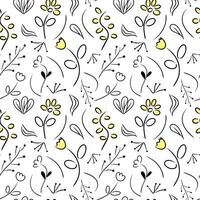 Doodle background with plants and flowers. Botanical seamless vector pattern. Hand drawn flowers.