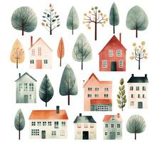 Cute childish buildings and trees isolated on white. Set of watercolor scandinavian houses. Trendy scandi background vector