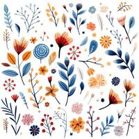 Set of hand drawn plants and flowers in the traditional ethnic folklore style. Bright plants and flowers collection vector