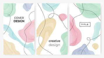 Set of abstract backgrounds in pastel colors. Hand drawn doodle various shapes with text. Modern trendy vector illustrations.