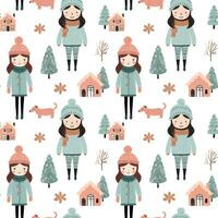 Seamless pattern with doodle girl, house and tree. Vector hand drawn christmas elements. Winter background