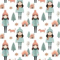 Seamless pattern with doodle girl, house and tree. Vector hand drawn christmas elements. Winter background