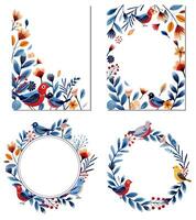 Set of frames with birds in ethnic style. Birds and leaves for your design, template. Greeting card, border. vector