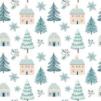 Seamless pattern with snowflake, house and tree. Vector hand drawn christmas elements. Winter background