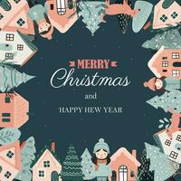 cuadrado invierno tarjeta, Navidad marco con texto, scandi casas, árboles, chicas. nuevo año, invierno ornamento, póster vector