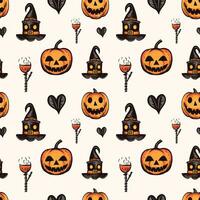 Halloween pattern with pumpkin, hat and cup. Autumn halloween background, vector seamless pattern.