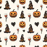 Halloween pattern with pumpkin, hat and cup. Autumn halloween background, vector seamless pattern.