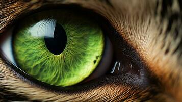 Cat's green eye magnified, revealing intricate patterns and depths, a window to its soul. Generative AI photo