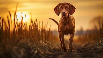 Vizsla, hunter dog in autumn field. Generative AI photo