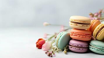A stack of colorful macarons. Web banner with copy space. Generative AI photo