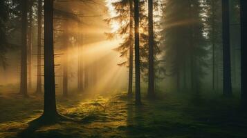 Forest with pine trees and mist, fairytale atmosphere, woodland landscape. Generative AI photo