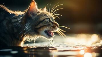 Cat sipping water, each droplet caught in mid - air, a dance of thirst and precision. Generative AI photo