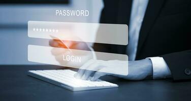 Security password login online concept  Hands typing and entering username and password of social media, log in with smartphone to an online bank account, data protection from hacker photo