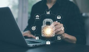 Cyber security and Security password login online concept  Hands typing and entering username and password of social media, logging in with smartphone to an online bank account, data protection hacker photo