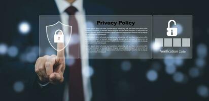 Privacy Policy Service and Document Terms Concept, Business people hand touch with Privacy Policy Service Document technology, Privacy, login performance identification, password, and privacy. photo