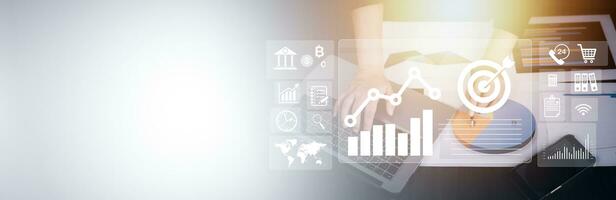 Man using laptop with planning and strategy, Stock market, Business growth down, Concept of financial crisis, echnical price graph and indicator, red candlestick chart with analyzing forex trading. photo