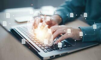 Business people using laptop with cloud computing system , Storage and data transfer Cloud network, Cloud technology. Networking and internet service, sharing download and upload and internet service photo