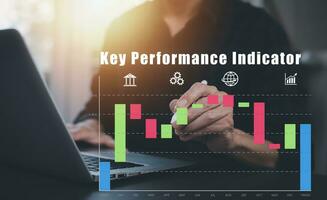 Key Performance Indicator Planning KPI, Company Management Business Internet Technology Concept, Businessman using a laptop with document management, enterprise resource management software system photo