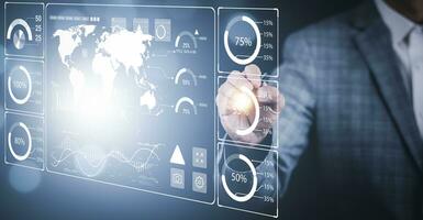 Working Data Analytics and Data Management Systems and Metrics connected to corporate strategy database for Finance, Intelligence,  Business Analytics with Key Performance Indicators, social network photo