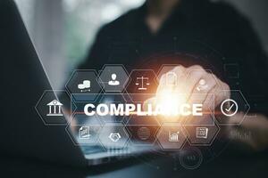 Business with Compliance Rules Law Regulation Policy Business Technology concept, business technology, Compliance with Standards, Regulations, and Requirements to pass audits and manage quality. photo