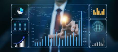 Working Data Analytics and Data Management Systems and Metrics connected to corporate strategy database for Finance, Intelligence,  Business Analytics with Key Performance Indicators, photo
