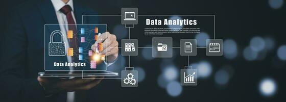 Working Data Analytics and Data Management Systems and Metrics connected to corporate strategy database for Finance, Intelligence,  Business Analytics with Key Performance Indicators, photo