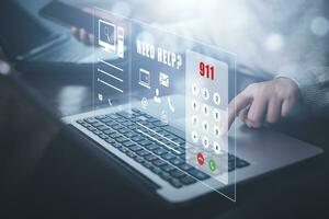 SOS with Emergency app concept, Business people using a laptop and touch bar Emergency app at home, call phone, Chat message icon, Emergency application from smartphone for elderly, call for help photo
