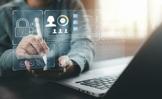 Working Data Analytics and Data Management Systems and Metrics connected to corporate strategy database for Finance, Intelligence,  Business Analytics with Key Performance Indicators, social network photo