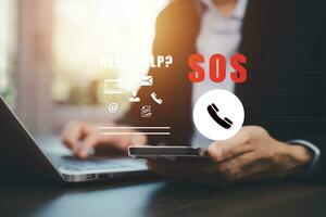 SOS with Emergency app concept, Business people using a laptop and touch bar Emergency app at home, call phone, Chat message icon, Emergency application from smartphone for elderly, call for help photo