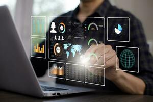 Working Data Analytics and Data Management Systems and Metrics connected to corporate strategy database for Finance, Intelligence,  Business Analytics with Key Performance Indicators, social network photo