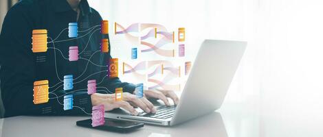 Businessman using a laptop with Analytics and Data Management Systems  Analyst working in Business Analytics and Data Management Systems to make reports and corporate strategy for finance, operations photo