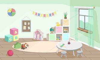 niño habitación o jardín de infancia interior vector ilustración. vacío antecedentes con mesa, niño juguetes y cajas moderno habitación con muebles, luz de sol desde ventana.