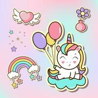 conjunto de linda pegatinas, unicornio con colorido globos, flor, arcoíris, estrellas y corazón. dibujos animados vector ilustración.