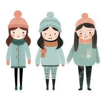 Set of funny girls in winter. Hand drawn girls in fairy tale scandi style. Winter clothes. vector