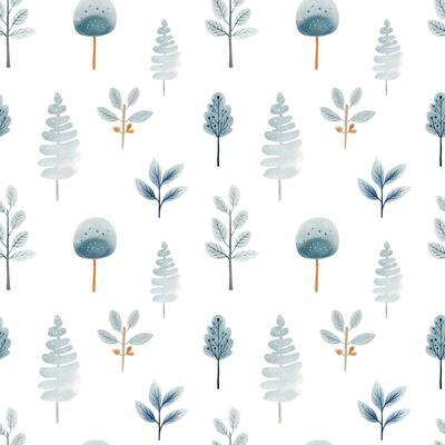 Seamless pattern with hand drawn branch, trees, pine. Vector pattern in scandinavian, ethnic style.