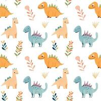 Seamless pattern of cute colorful dinosaurs with floral elements. Children's print vector