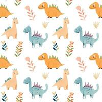 Seamless pattern of cute colorful dinosaurs with floral elements. Children's print vector