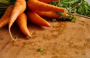 Close-up of a big bunch of fresh carrots with green tops and leaves on a wooden cutting board . Food background of seasonal raw vegetables. Copy ad space photo